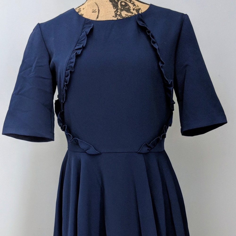 NWT Navy Fit & Flare Dress with Ruffled Bodice